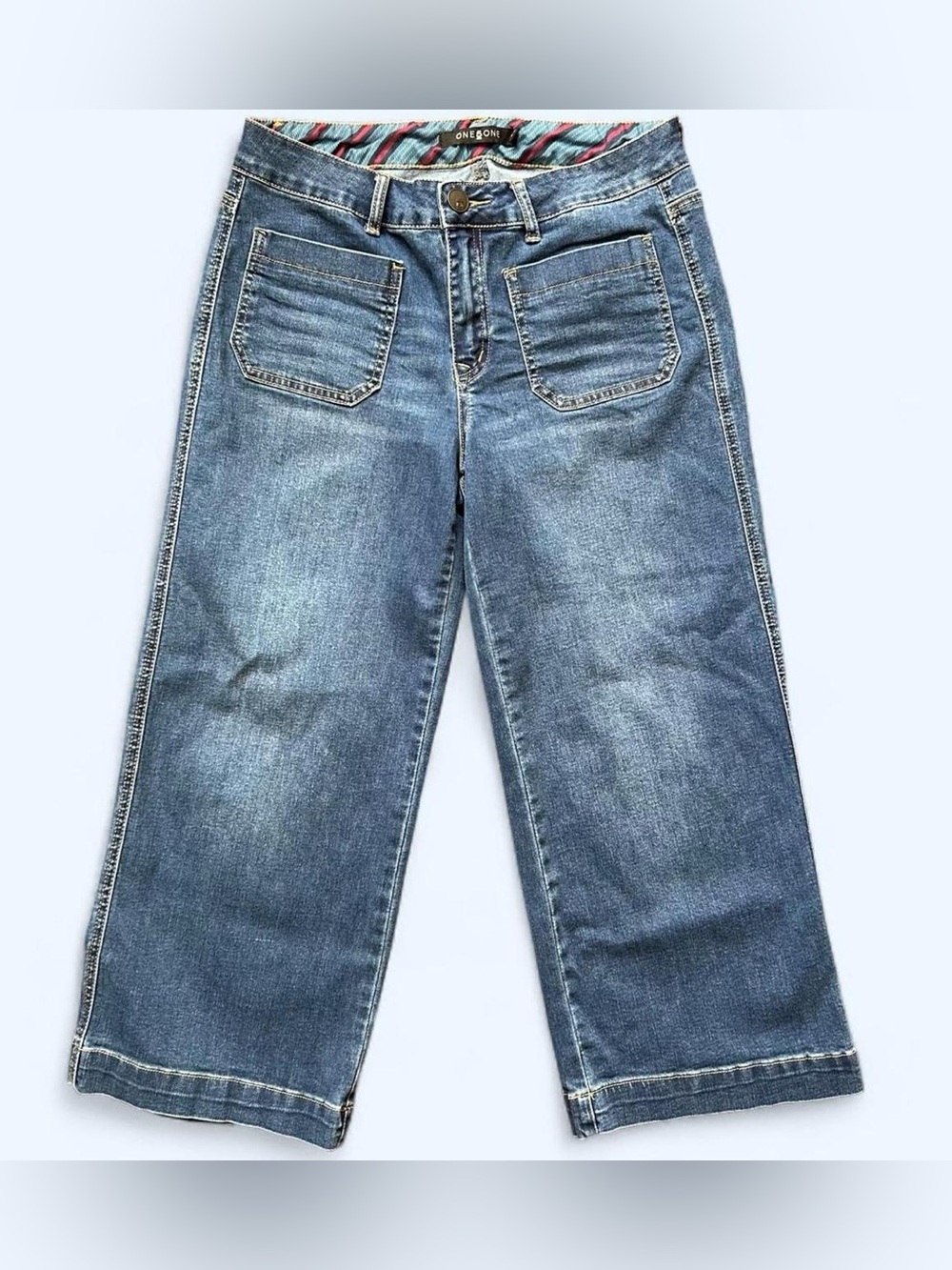 One5One Women's Wide Leg Blue Capri Jeans